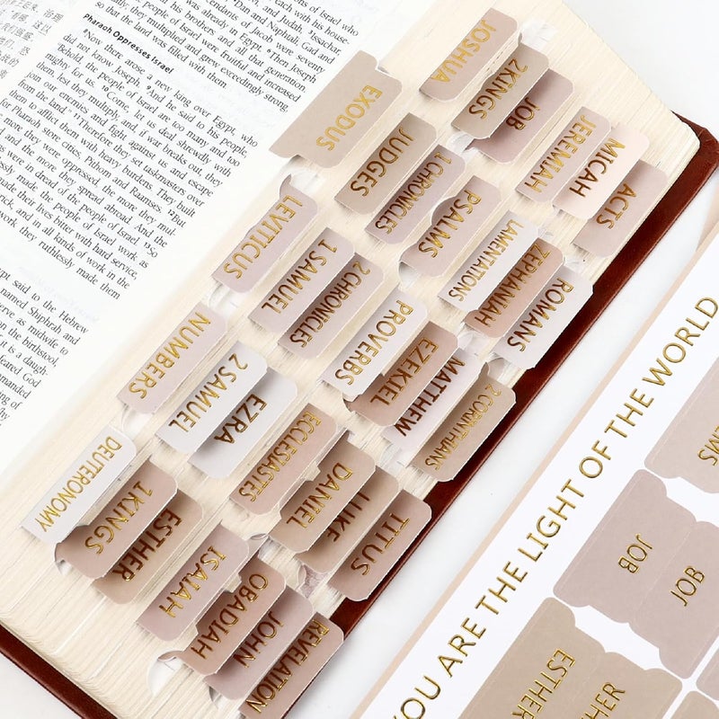 DOMMARE Laminated Bible Tabs (Gold Foil Embossed Lettering), Index Tabs for Women and Men, Baptism Christian Dividers Study Supplies for Men, Easy to Read and Apply, 75Pcs Beige - Image 1